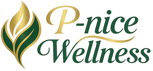 Logo of P-nice Wellness with green and gold design on a white background
