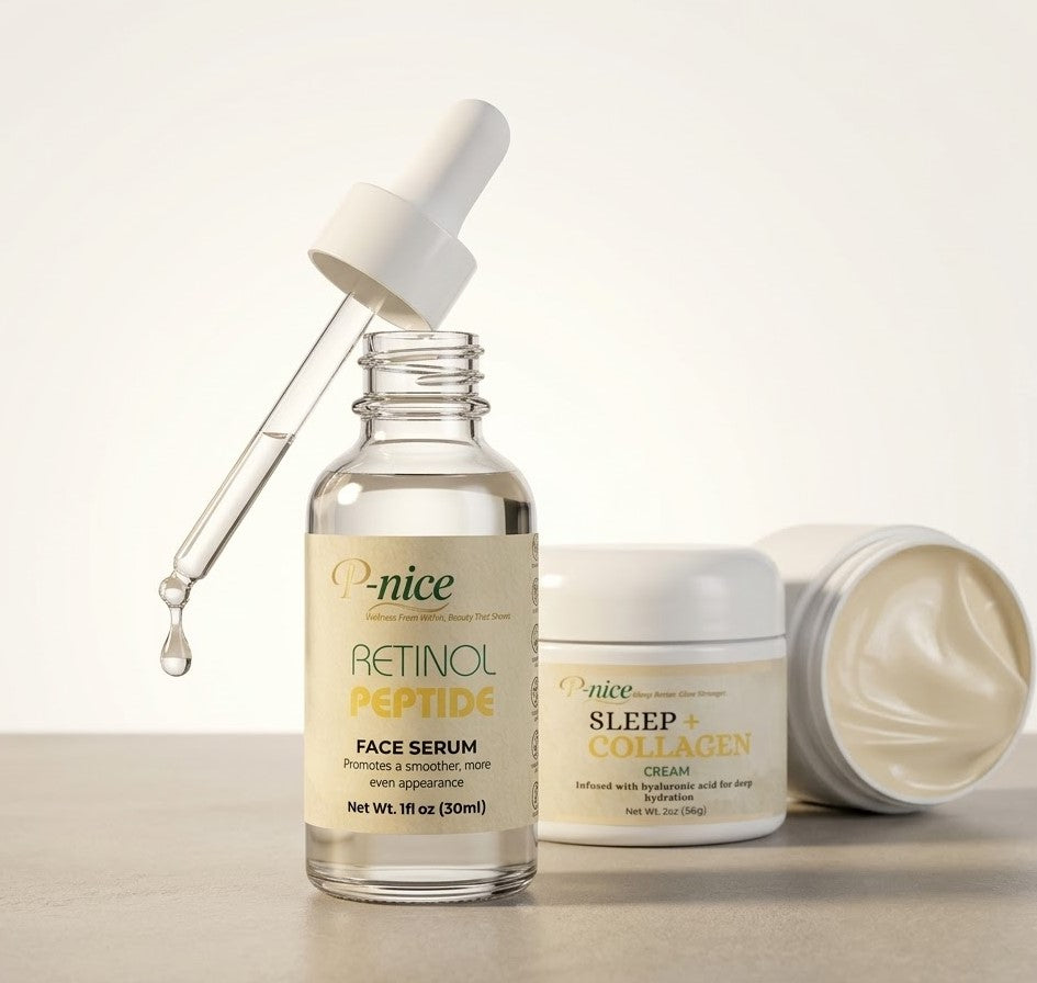 P-NICE Sleep Plus Collagen Cream and Retinol and Peptide Face Serum nighttime skincare collection